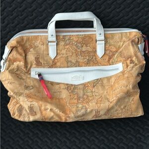 Map-Print Tan Travel Weekender Bag with White Trim